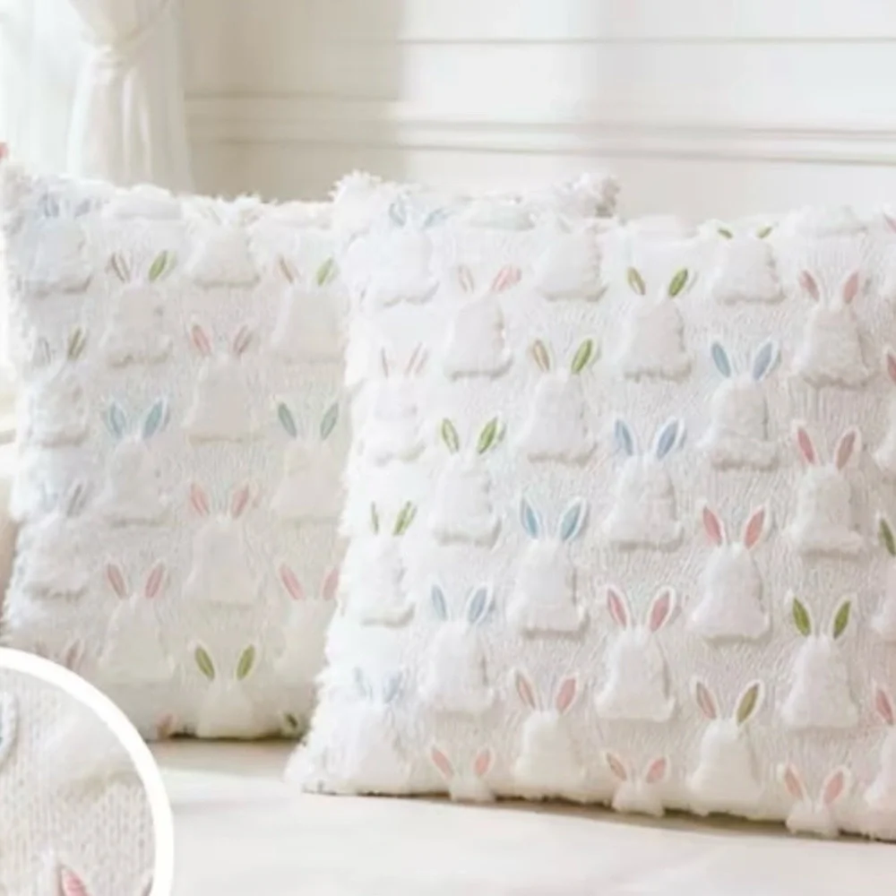 Set of 2 Easter Bunny Pillow Covers 18x18 | Pastel Spring Rabbit Decor